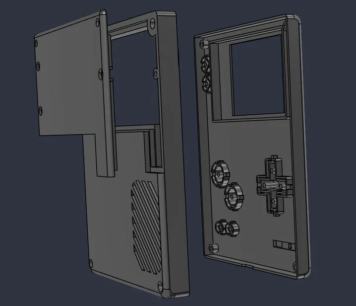 3D-printed case CAD render, front and back shells side by side